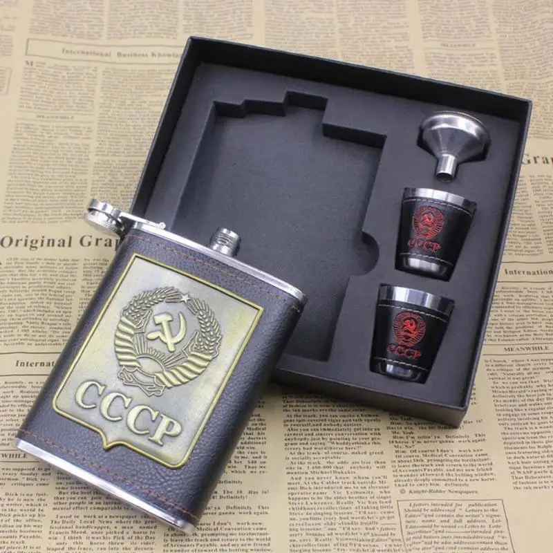 8oz حاوية ستانلس ستيل للكحوليات الورك قوارير ويسكي زجاجة نبيذ قمع أكواب زجاجة أطقم Cccp النقش الكحول الحاويات مع صندوق