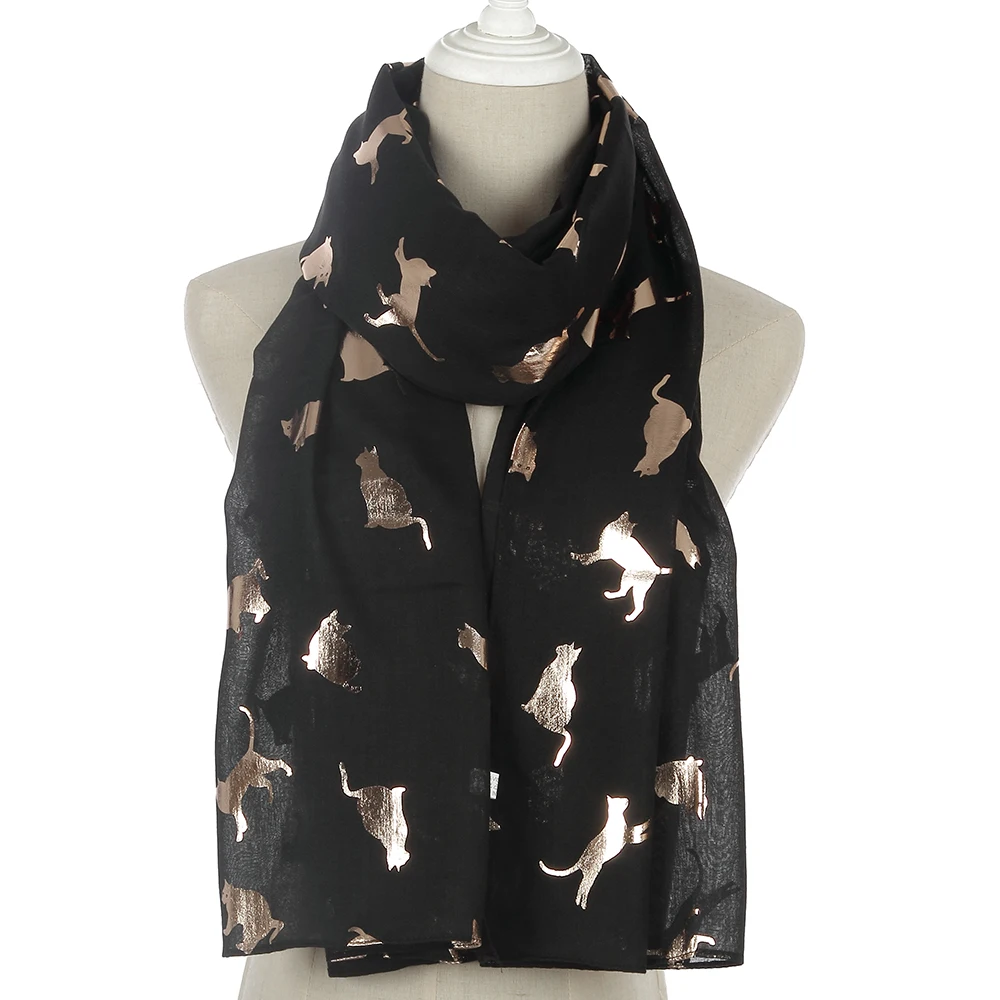 FOXMOTHER New Spring Summer Lovely Design Black White Navy Grey Foil Gold Glitter Cat Scarfs Women Girls Gifts