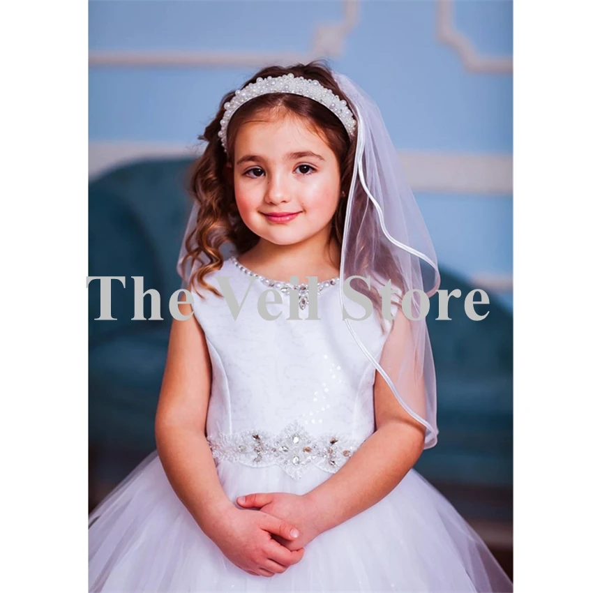 White Ivory Wedding Flower Girls First communion Veils With Comb Satin Edge Cute Children Kids Veils Voile Fille velo de Novia