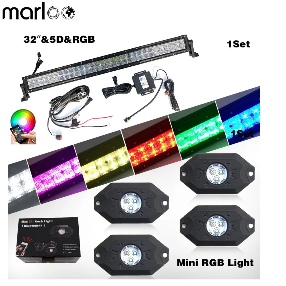 Car Bluetooth Control 5D RGB 32inch LED Light Bar With 4pcs LED Rock Lights Kit For Off Road Jeep Trucks 4WD 4X4 Accessories