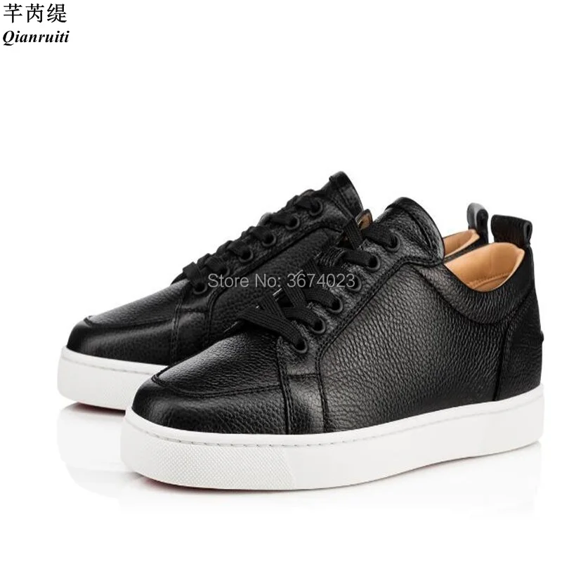 Qianruiti Men Black White Grained Calfskin Sneakers Lace Up Flats Shoes Rubble Sole Casual Shoes Men Big size 46