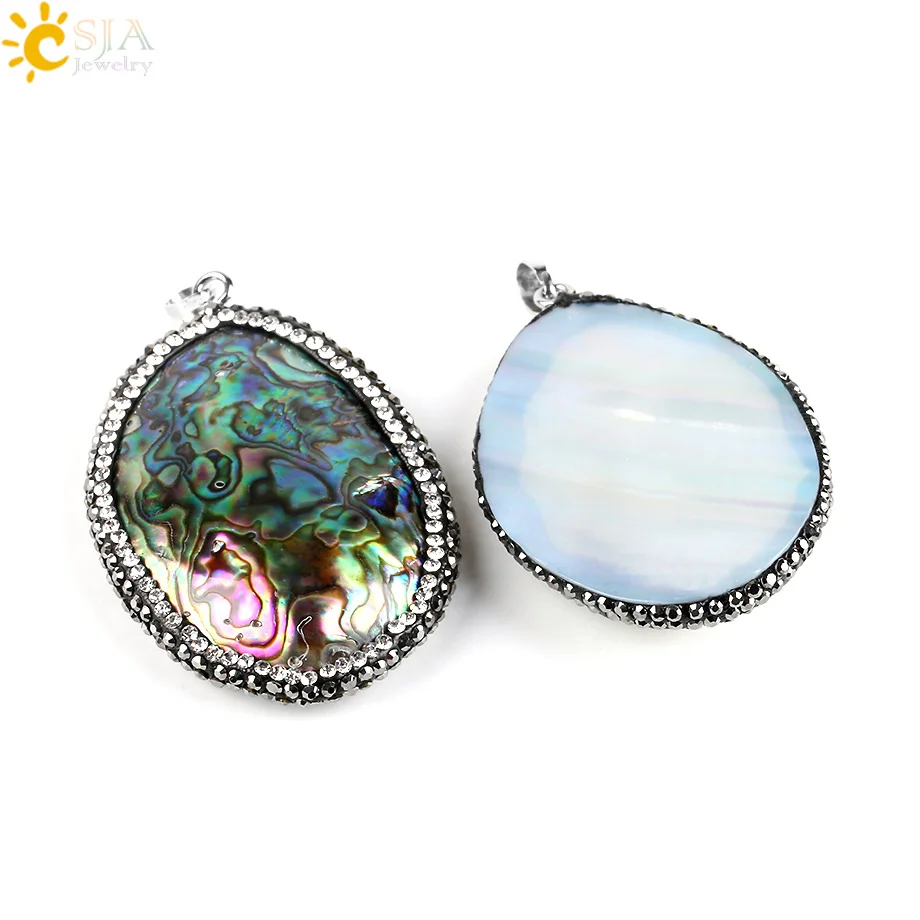 CSJA New Zealand Natural Abalone Oyster Paua Shell Pendants Necklace Mother of Pearl Beads Rhinestone Reiki Jewelry Making E525