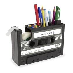 hot-Cassette Tape Dispenser Pen Holder Vase Pencil Pot Stationery Desk Tidy Container Office Stationery Supplier Gift(black)