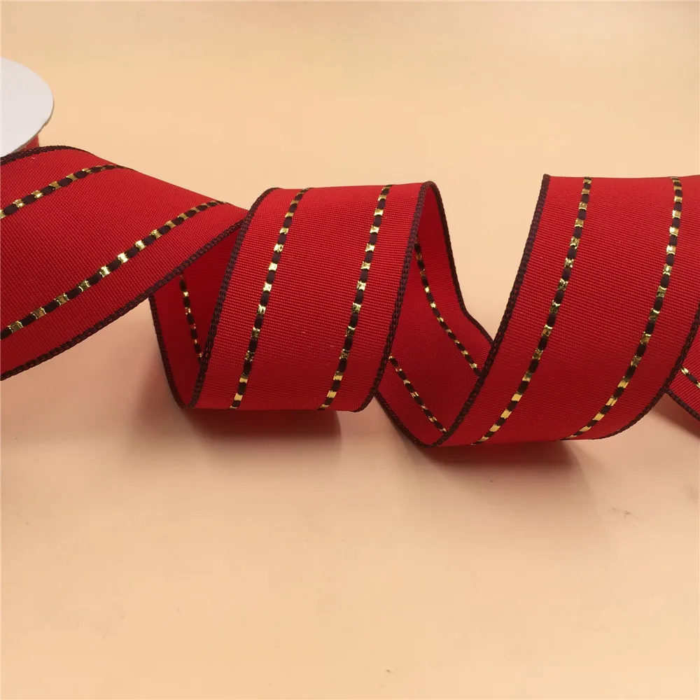 

N2063 38MM Red grosgrain ribbon withvgold line for gift wrapping wired edges 25yards roll