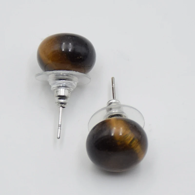 Silver Color Real Stone Healing Crystal Pink Crystal Women Earrings Bread Shape Natural Lapis Tiger Eye Stone Bead Stud Earrings