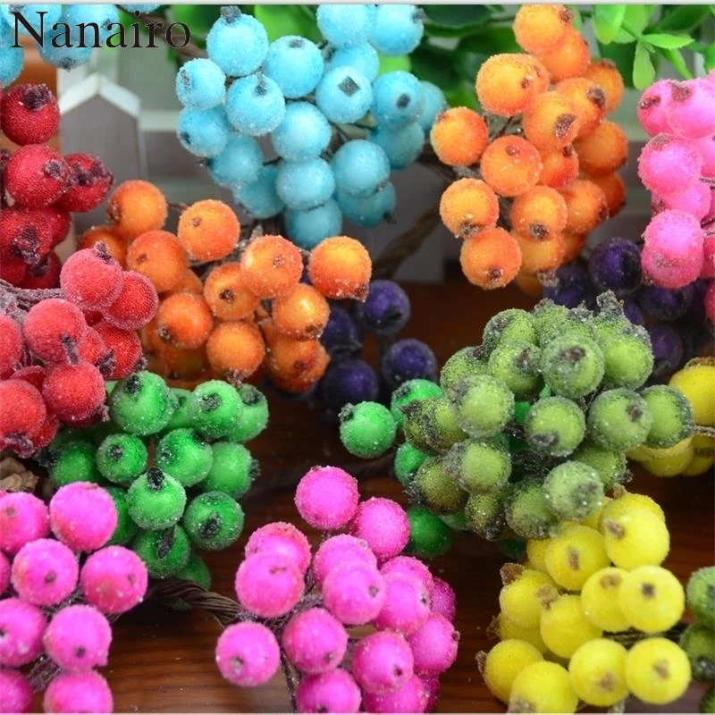 40pcs/80heads Mini Artificial Fruit Fake Double Heads Glass Berries Red Cherry Bouquet Stamen For Wedding Christmas Decorative