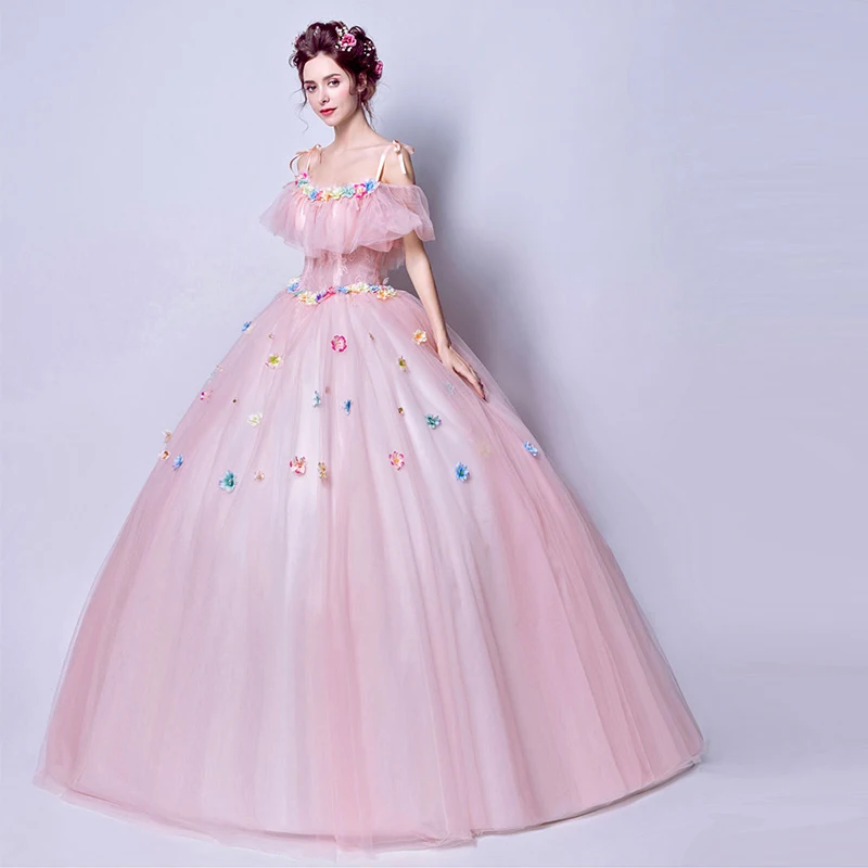 Vestido de quinceañera rosa, hombros descubiertos, tirantes finos, hecho a mano, flores hinchadas, vestidos de baile, tren de barrido, vestidos de quinceañera