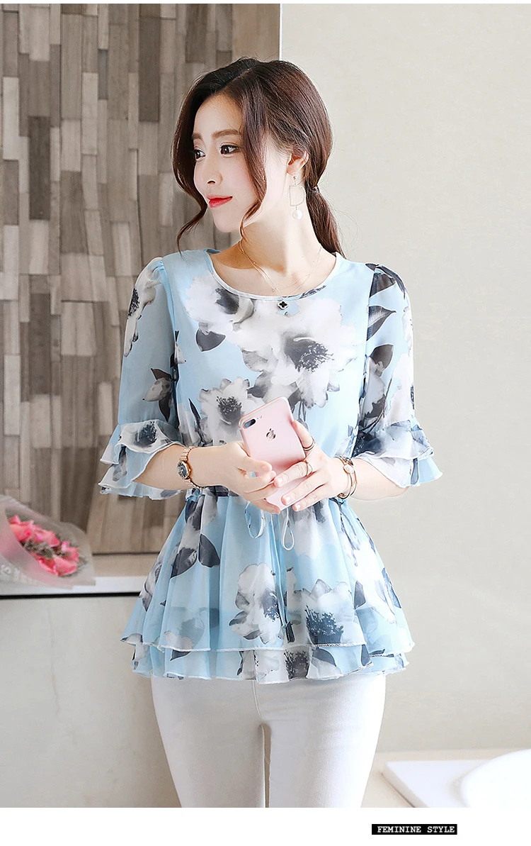 Summer Chiffon Printed Tunic Blouses Women Flare Sleeve O-neck Ruffles Pullovers Tops Korean Casual Elegant Blusas