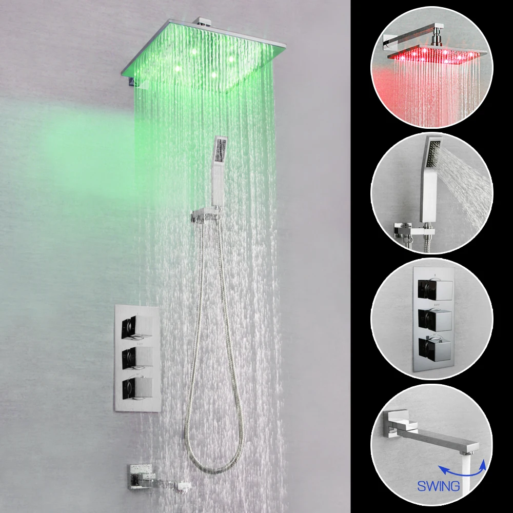 

SKOWLL Rainfall Shower Faucet Set LED Wall Mount Thermostatic Shower System 3 Way with Long Ratating Tub Spout, SK-7623