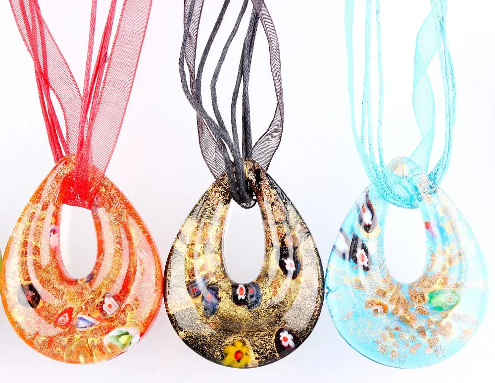 Fashion Beauty Wholesale 6pcs Handmade Murano Lampwork Glass Mixed Colorful Drop Millefiori Pendants Charms Necklaces