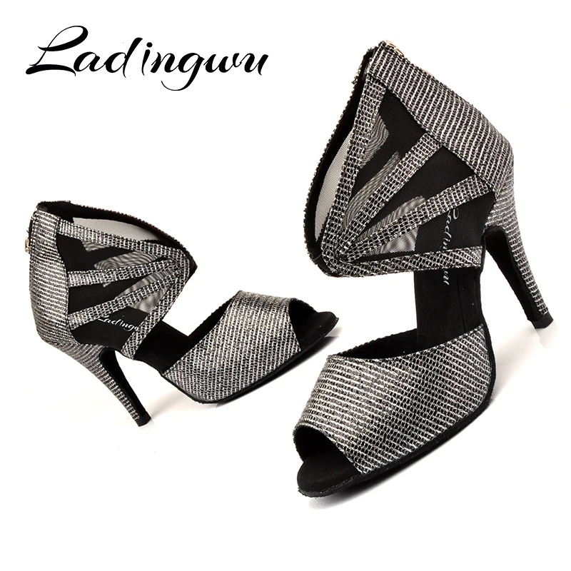 Ladingwu Dance Boots Latin Women Dance Shoes Gray Flash Cloth Salsa Dance Shoes For Women Ballroom Shoes Dancing