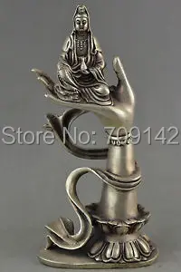 Chinese Miao Silver Carving Efficacy Kwan-yin On The Buddha Hand Noble Statue Tibet silver Carving copper