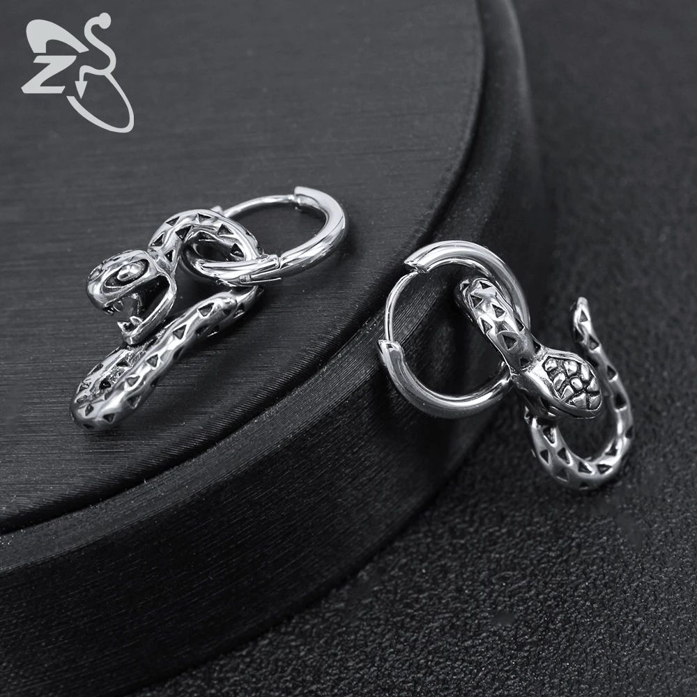 ZS Punk Style 316L Stainless Steel Hoop Earrings Snake Moon Hip Hop Round Earring for Men Rock Roll Jewelry Male Biker Earring image 5
