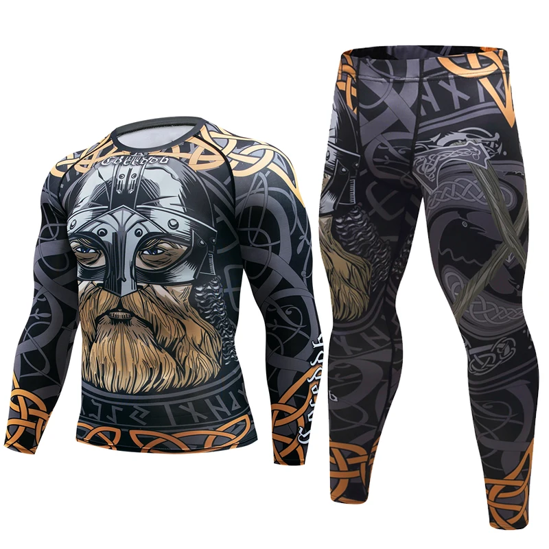 Men\'s Viking Print Training Set Men Running Sets Compression Quick Dry Sports Suits Skinny Tights Clothes Gym Fitness Sportswear