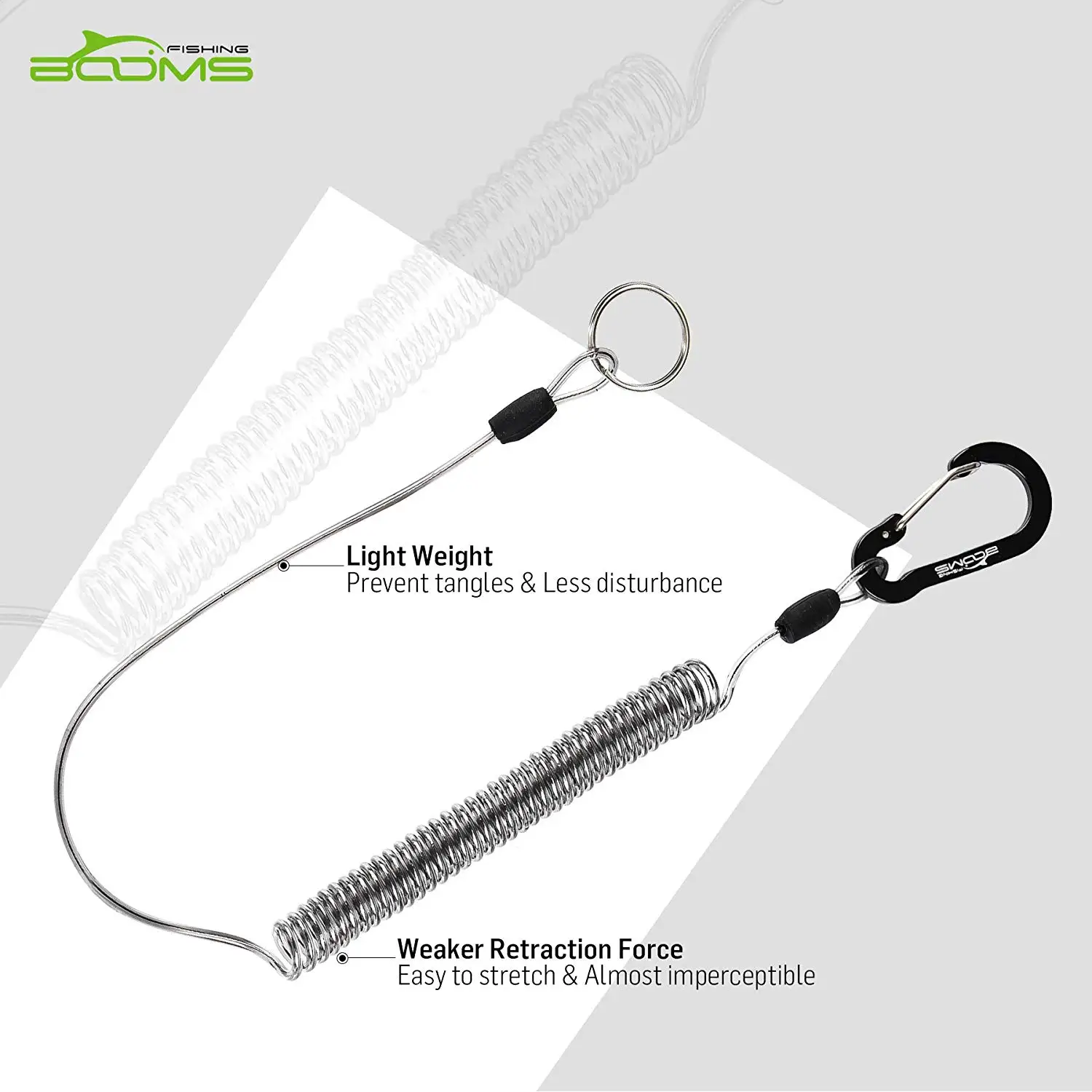 Booms Fishing T01 2M Coiled Lanyards Carabiner Clip with Rod Straps for Fishing Rod and Landing Net