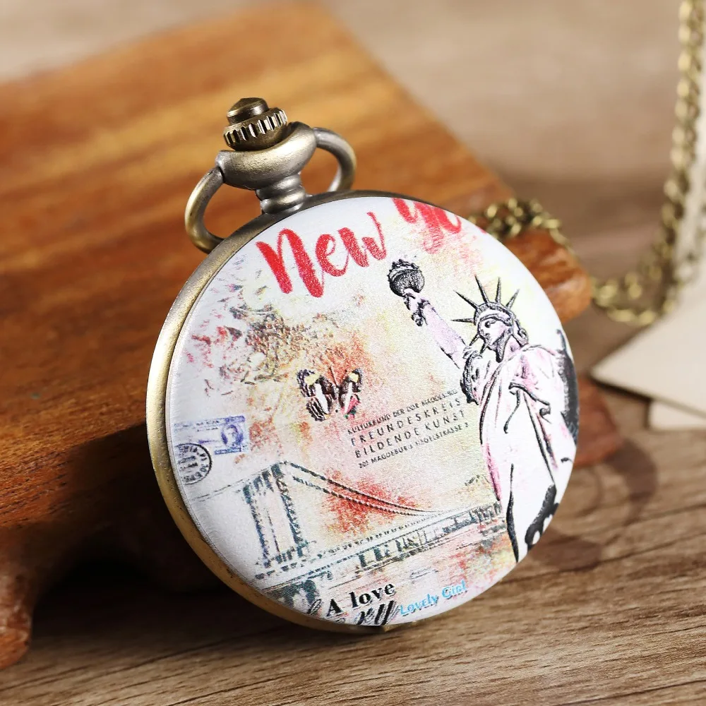 Printed State Of Liberty Quartz Pocket Watch For Men Women Antique Bronze Easy Read ladies Watch With Necklace Best Gift