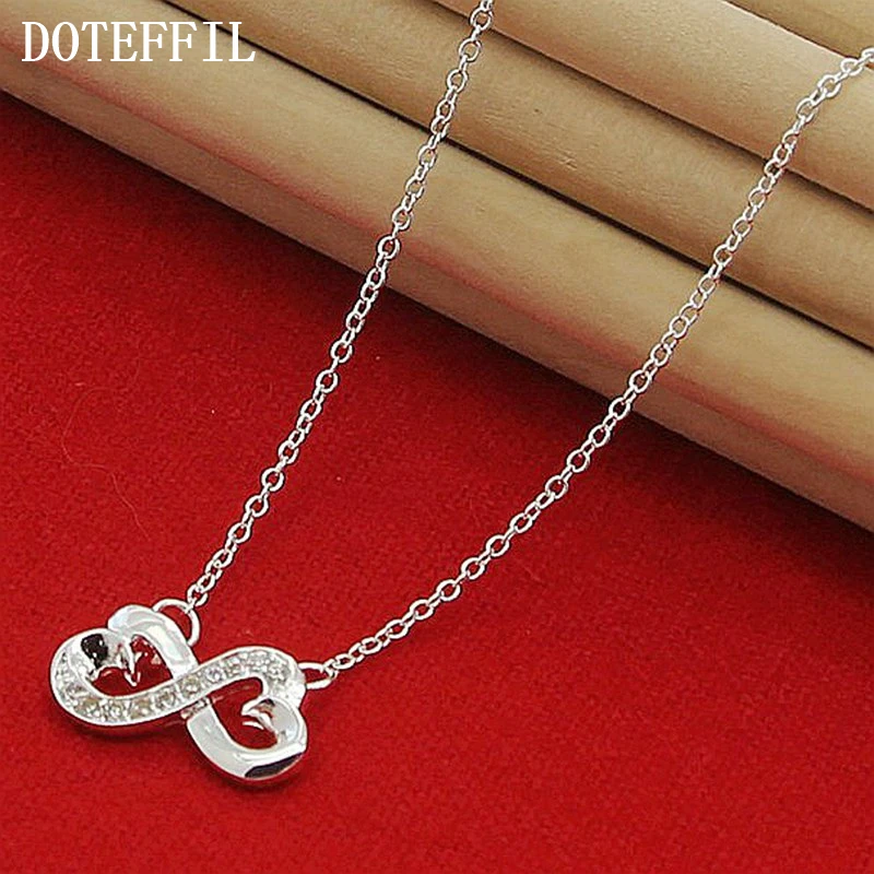 

DOTEFFIL 925 Sterling Silver 18 Inch Chain AAA Zircon Double Heart Pendant Necklace For Women Engagement Wedding Jewelry