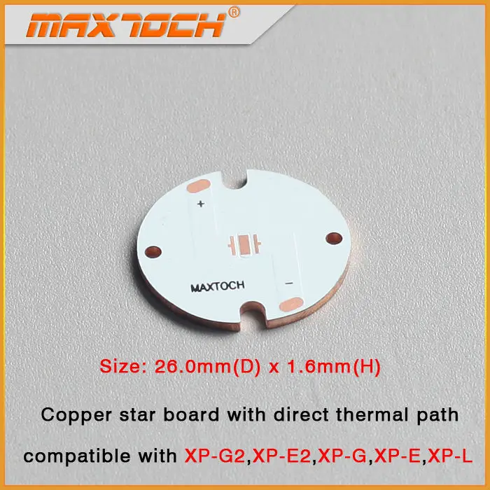 

MAXTOCH Copper MCPCB Cree XPG XPG2 XPE XPE2 XPL XP-G XP-G2 XP-E XP-E2 XP-L 26mm x 1.6mm Direct Thermal Path Copper Star