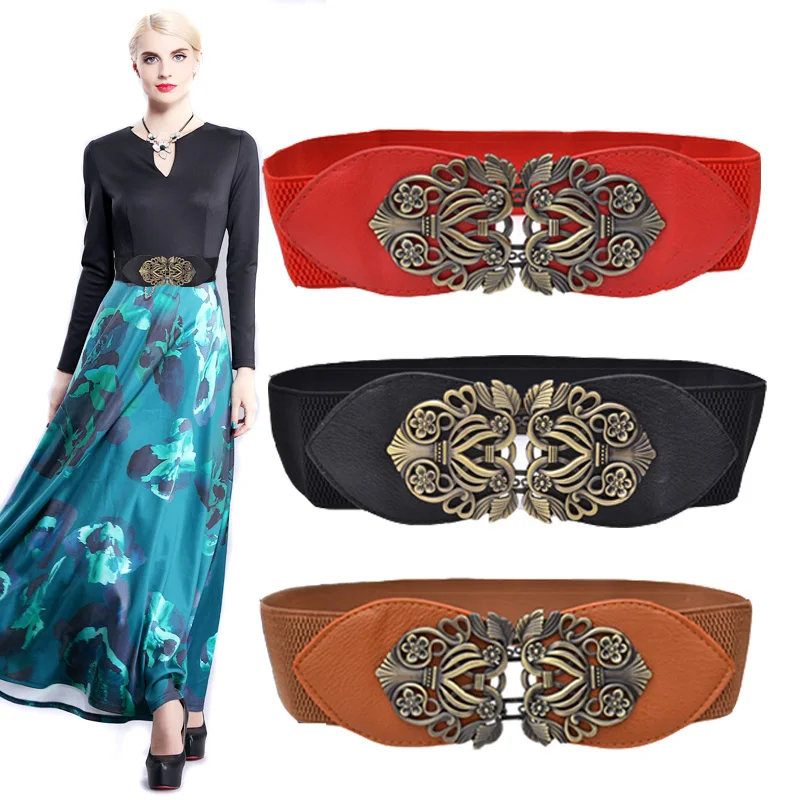 Fashion belt woman PU leather wide elastic waistbands HOT black belts for women dress decorate vintage flower buckle alloy gifts