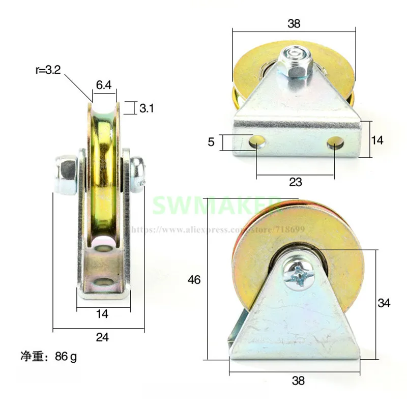 1pcs 6.4*38*8.3mm with triangular bracket/L bracket, U-grooved wheel, bearing wire rope pulley/crane/guide wheel, with base