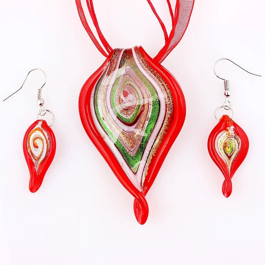 QianBei Wholesale Bulk 6sets Murano Lampwork Glass Big Leaves Pendant Beauty Charms Necklace Earrings For Women Gift