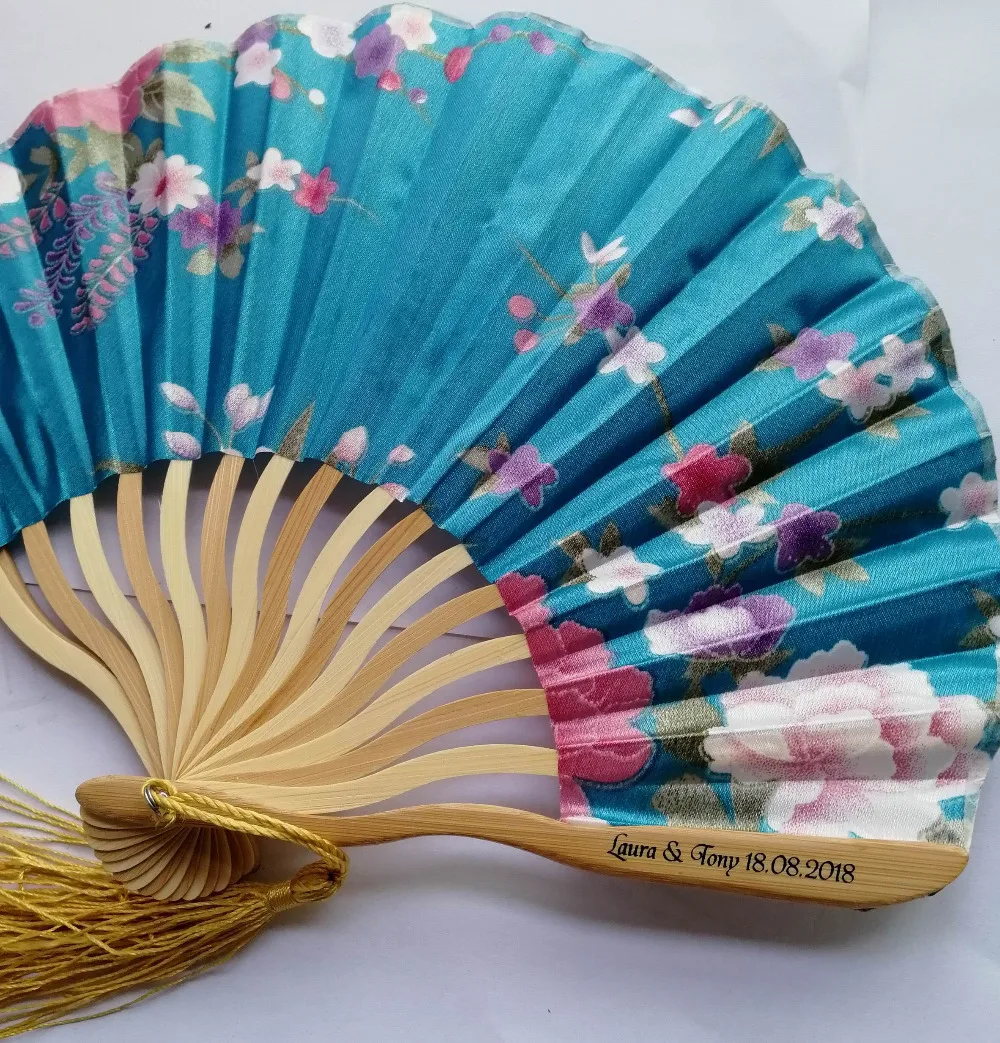 Imagem -04 - Personalizado Bambu Dobrável Ventilador 100 Poliéster Flores Casamento Chinês Japonês Borla Impressão 100 Pcs