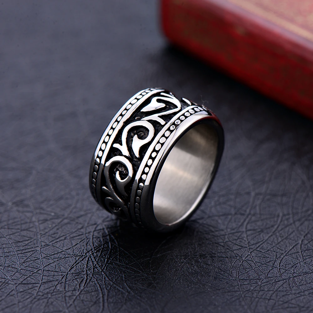 Hot Sale 316L Titanium Steel 14MM Wide Pattern Biker Ring Vintage Punk Rock Style Jewelry For Men Christmas Father Brothers Gift