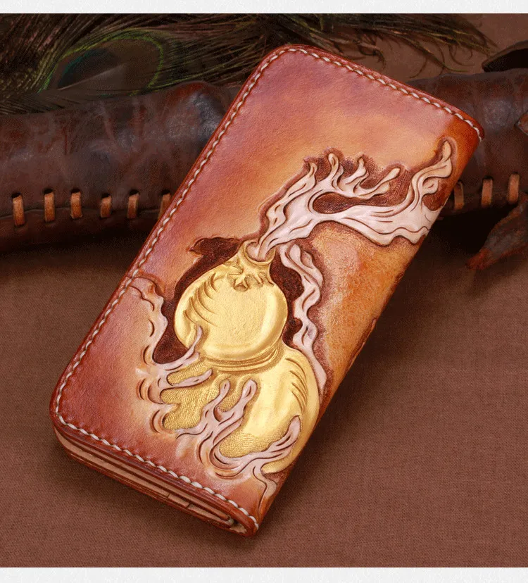 Women Genuine Leather Card Holder Wallets Hand Engraving Chinese Dragon Bag Purses Men Clutch Vegetable Tanned Leather Wallet