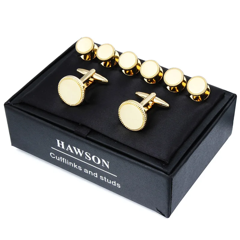 HAWSON French Shirt Stud Cufflinks Men\'s Set, Metal Mirror Flower Carved Circular Cufflinks Men\'s Jewelry Wedding Gift Box