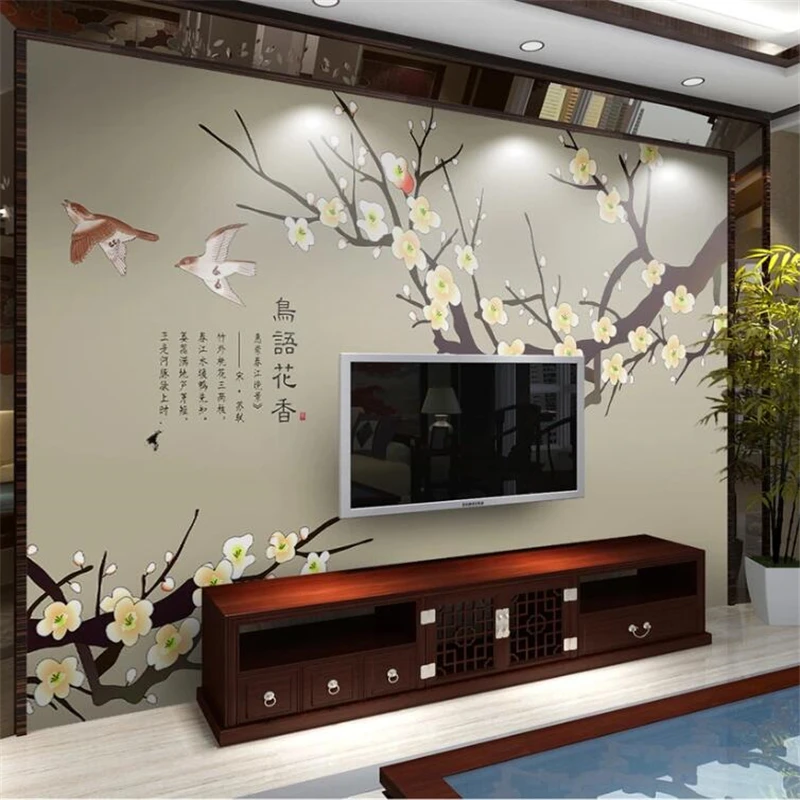 Custom wallpaper 3d mural new Chinese style pen flower bird hand-painted background wall decorative painting mural 3d wallpaoer