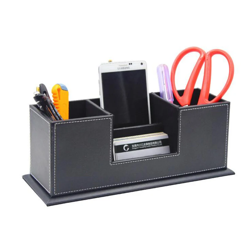 4 Blocks Office Supplies Black Leather Square Pen Holder Pencils Stands Box Desk Stationery Organizer Office Brown Pen Pots