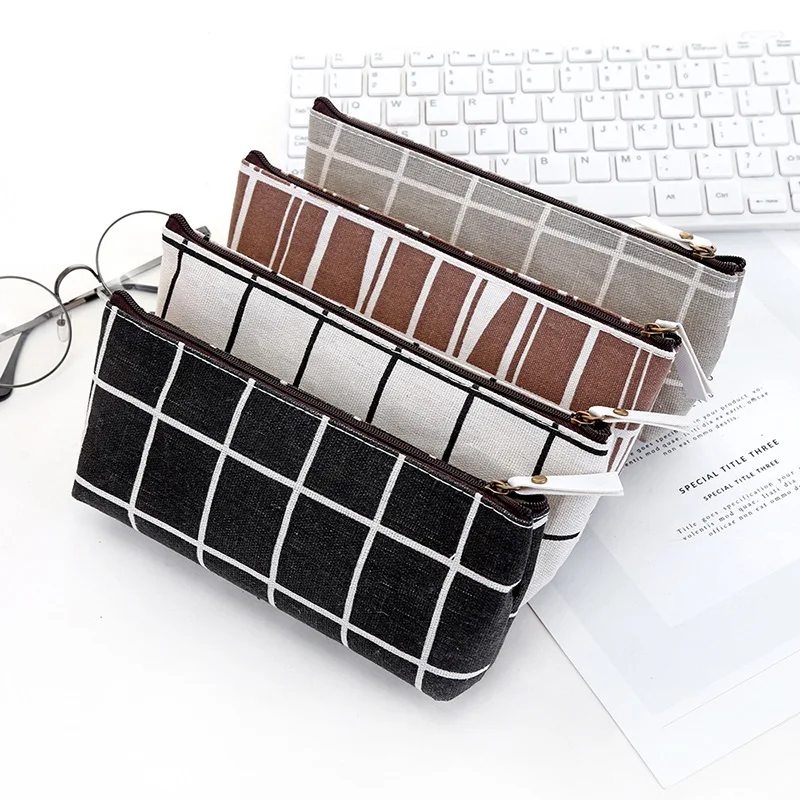 Korean Stationery Canvas Pencil Case Bts school Pencil Bag Simple Striped grid pencilcase Office Supplies Pen bag Students gift