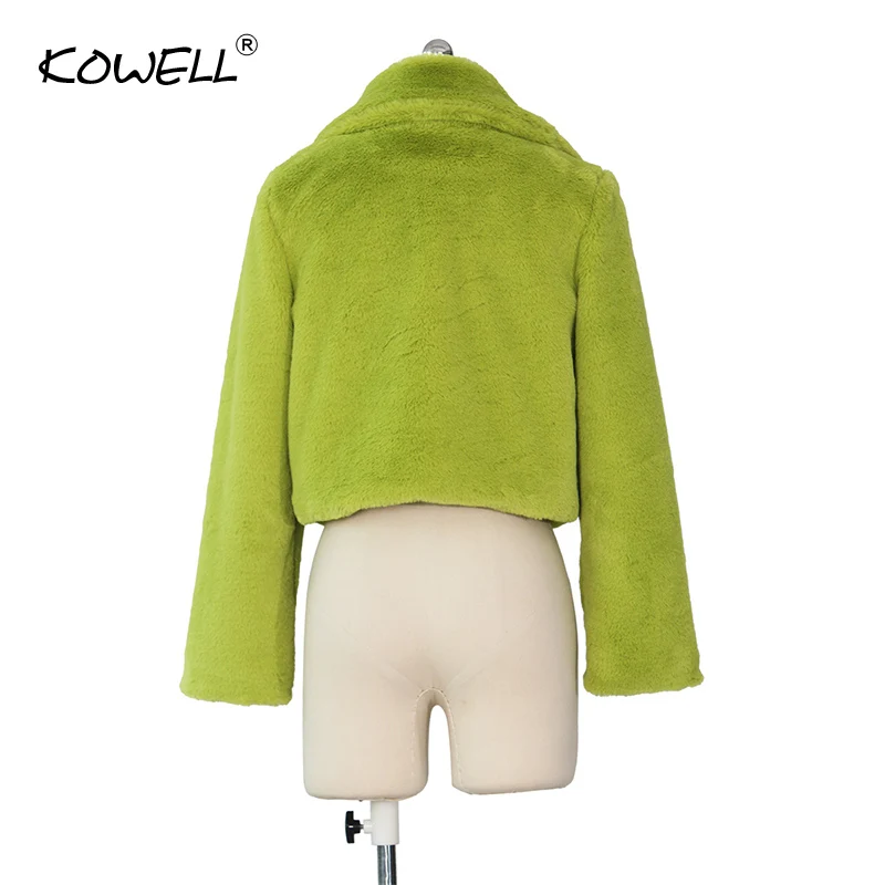 Hot Sale 2019 Fashion Lime Green Short Faux Fur Coat Winter Neon Fluorescent Warm Cardigan Cropped Jacket Fluffy Teddy Coats