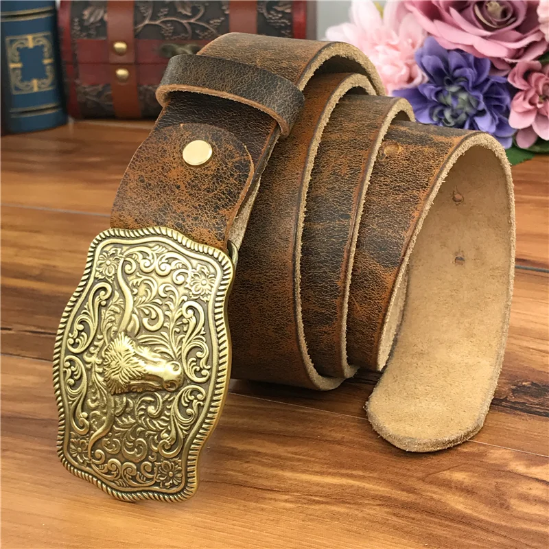 

Brass Cowboy Belt Buckle Luxury Men Leather Belt Ceinture Homme Yellow Belts For Men Wide Male Strap Jeans Waist MBT0537