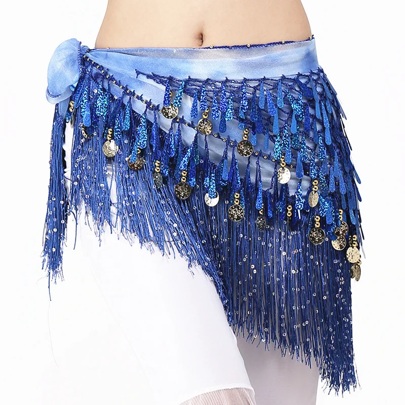 Women Belly Dance Clothing Accessories Teardrop Paillettes Fringe Wrap Elastic Base Tie-Dye Triangle Belts Coins Hip Scarf