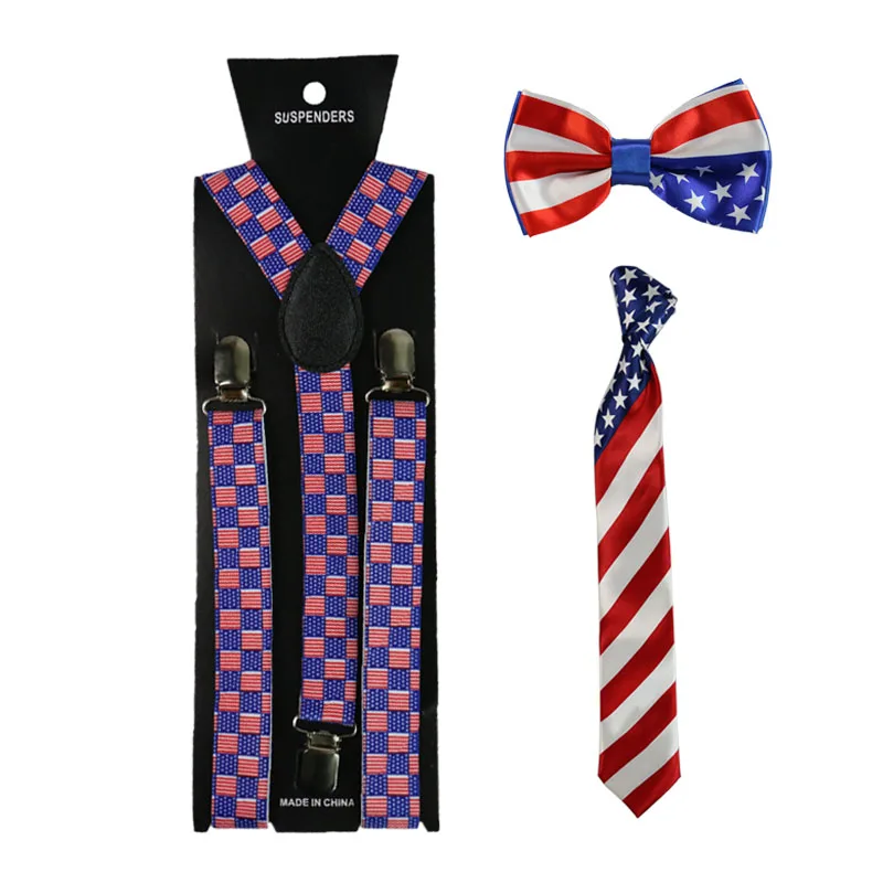 Fashion America Flag Pattern Suspenders Necktie And Bowtie Set Clip-on Elastic Y-Shape Back Braces Suspenders For Women Men