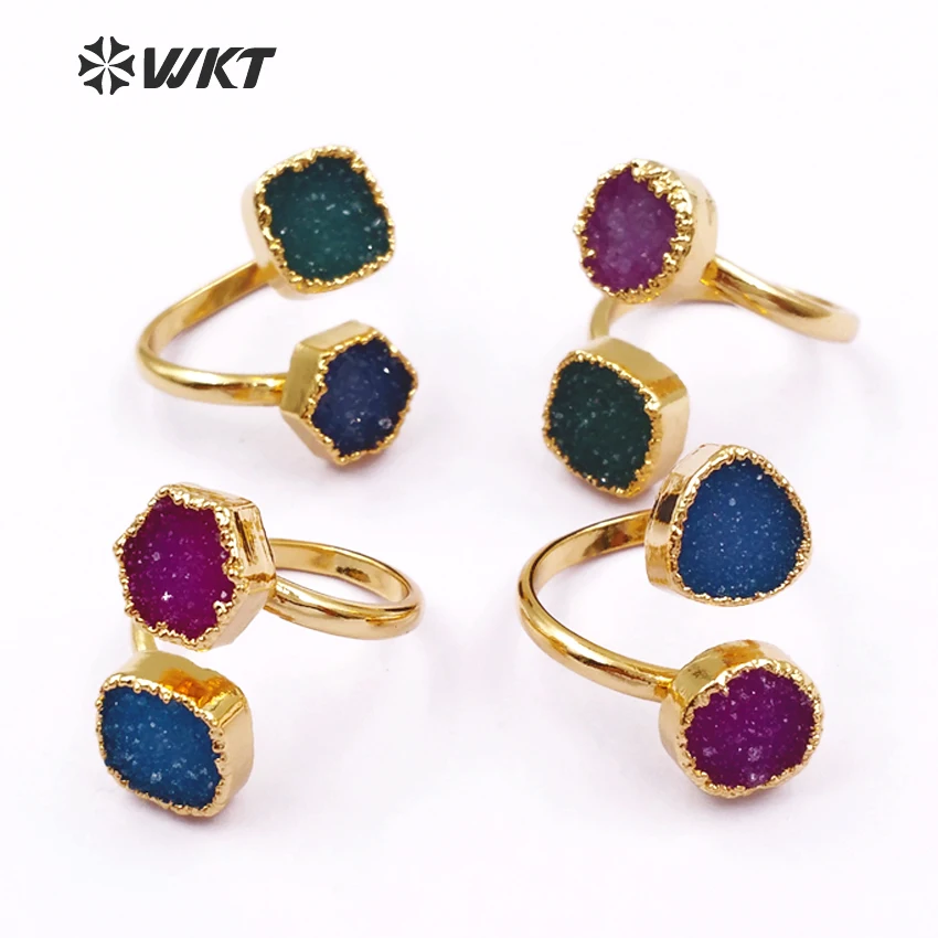 WT-R119 WKT Wholesale Double Colorful Natural Stone Rings With Gold Edged Raw Quartz For Women Party Gift Geometric Shape