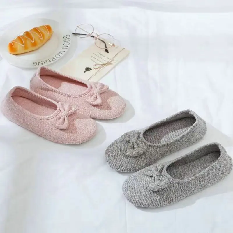 Pink/Gray Female Slippers Cotton Women Bow Mark Home Shoes Women Indoor Bedroom Guest Cool House Slipper