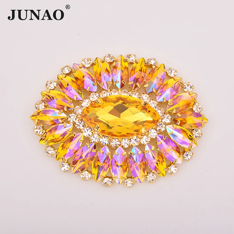 JUNAO 54*70mm 1pcs Sew On Colorful Glass Rhinestone Applique Big Flower Crystal Strass Stones For Dress Shoes Jewelry Crafts