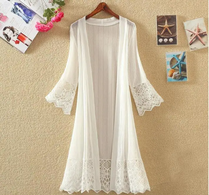 Summer Boho Lace Kimono Beach Cardigan Tops Women Sexy Sunscreen Chiffon Holiday Blouse Shirts Lady Sun Protection Clothing