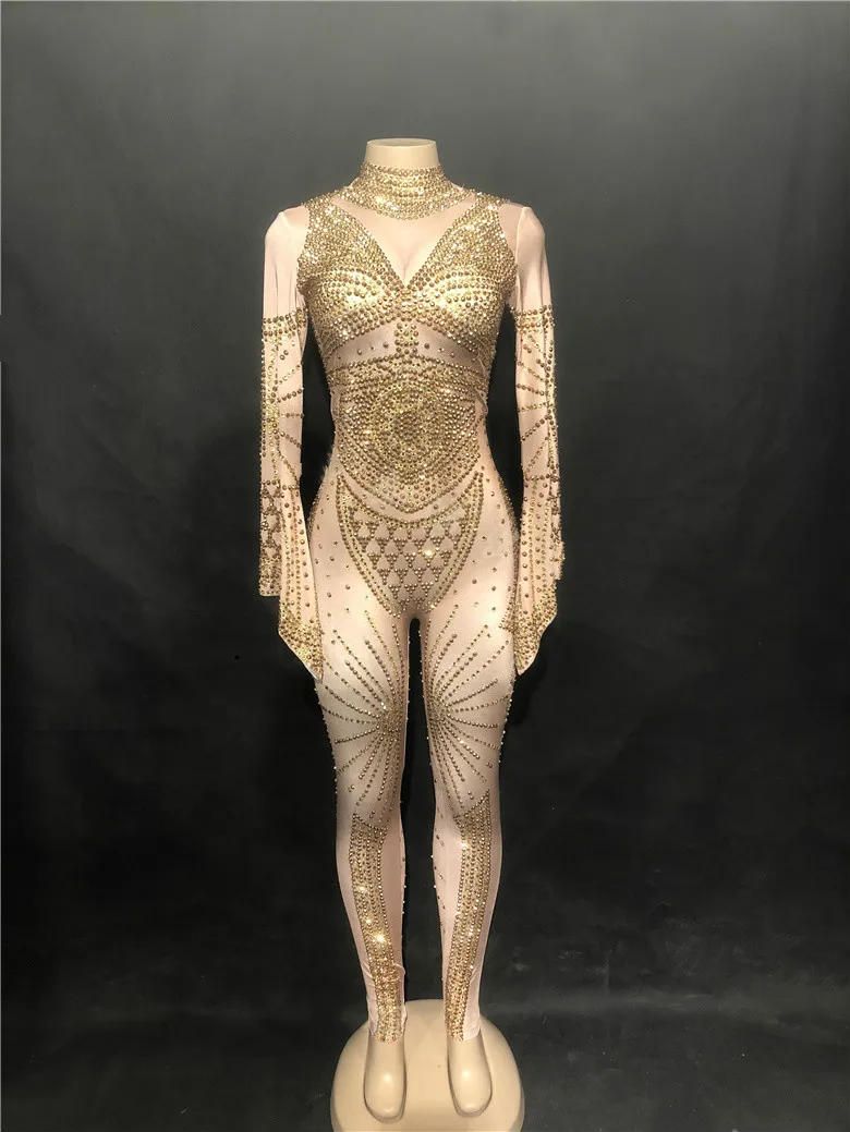 Women's Sexy Sparkly Gold Rhinestone Jumpsuit Bodysuit Stage Wear Women's Celebrate Female Singer Nightclub Costume Outfit DJ DS