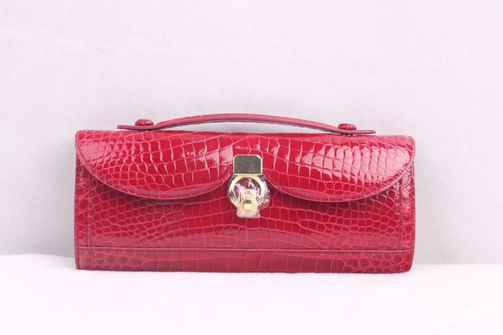 Top quality shinny high glossy genuine crocodile skin women clutch wallet long size with gold color locker top handle red color