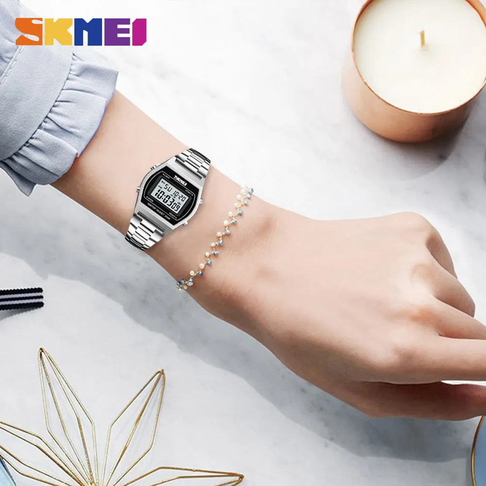 SKMEI Ladies Fashion Watches Outdoor Sport Luxury Alloy Digital Watch Strap Business Relogio12/24 Hours Relogio Feminino Digital