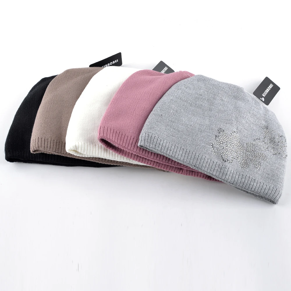 Winter Ladies Knit Hats For Women Beanies Hat Flower Diamond Beanie Brand Touca Knitted Cap Balaclava Caps Bonnet Hats