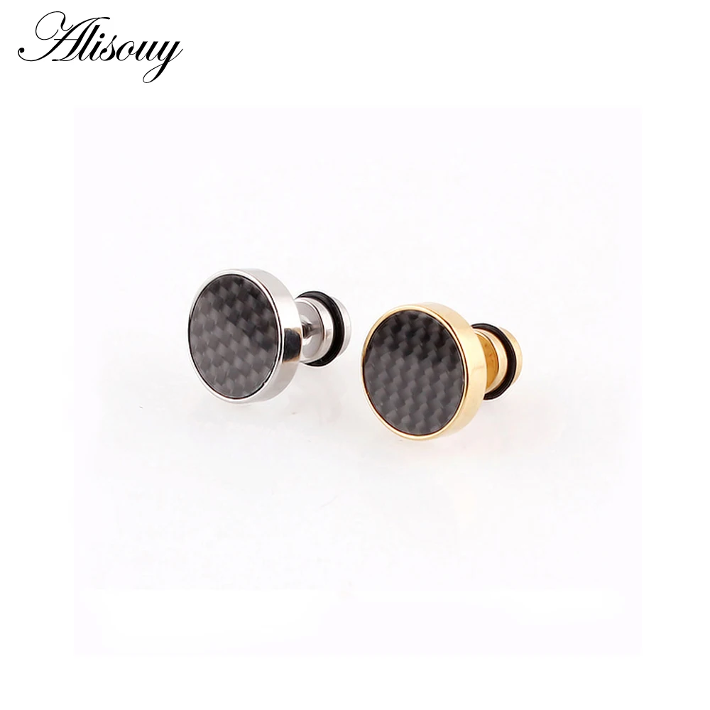 Alisouy 2pcs 8mm Mens Black Gold Color Stud Earrings Stainless Steel Tunnel Plug With Carbon Fiber Jewerly Aretes De Mujer