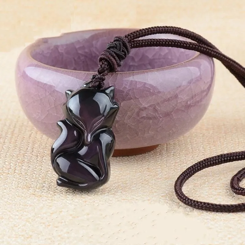 Natural Stones Obsidian Eyebrow Fox Pendants With Lucky Chain Jewelry Unisex Rainbow Eye Fox Pendant Necklace For Men Women New