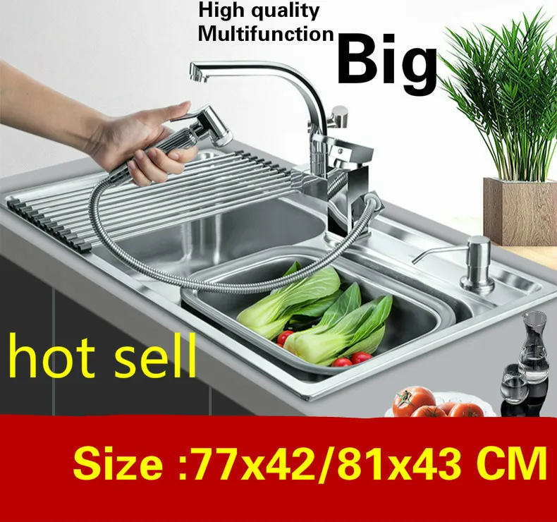 

Free shipping Apartment big kitchen double groove sink do the dishes luxury 304 stainless steel hot sell 770x420/810x430 MM