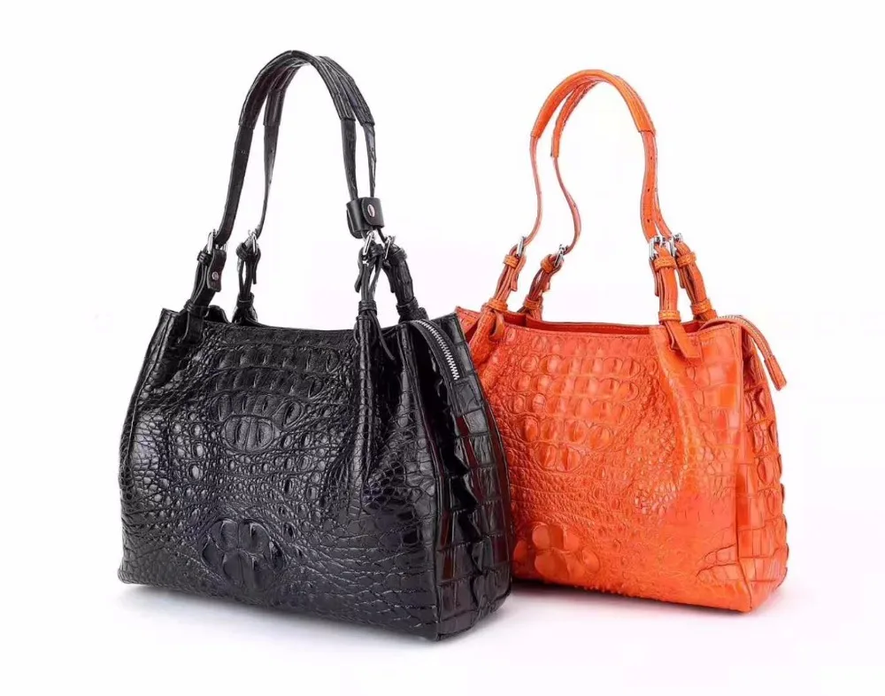 2018 new design fashion high end quality 100% real genuine crocodile skin women tote handbag orange color crocodile head skin