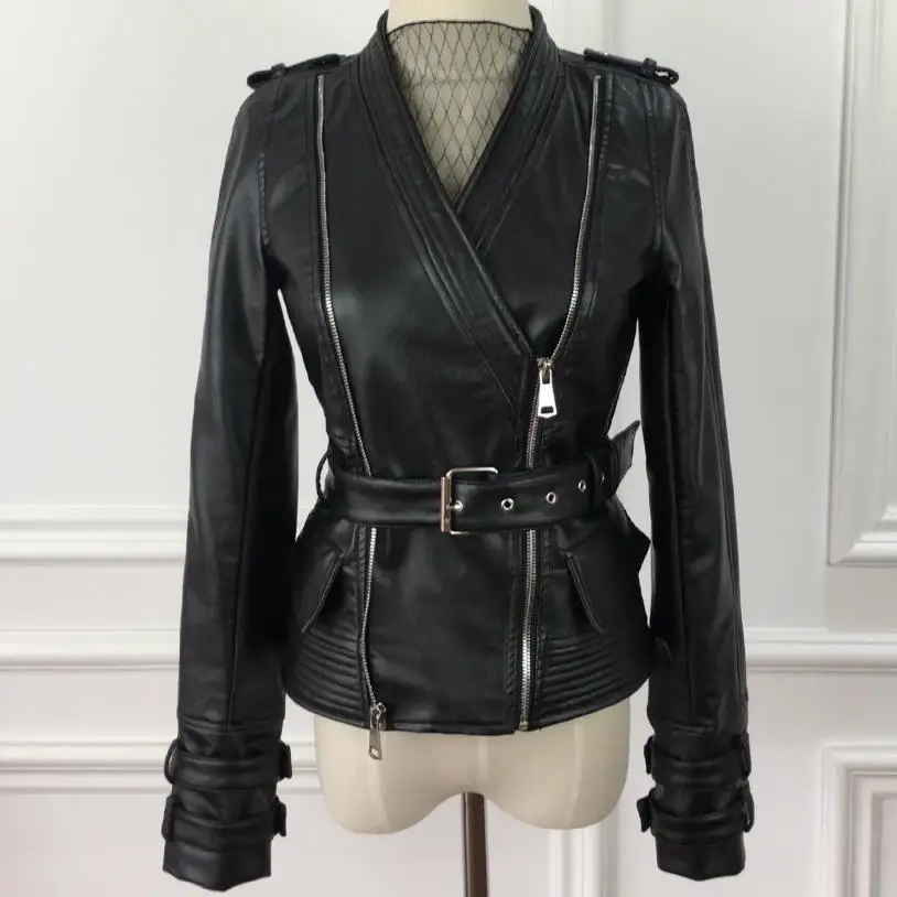 new design PU leather motorcycle jacket women zipper V-neck long-sleeved jacket