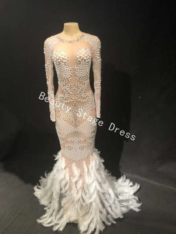 Sparkly Pearls Crystals Mesh Dress Sexy Rhinestones Perspective Dress Stage Outfit Wear Evening Celebrate Dance Costume Wear